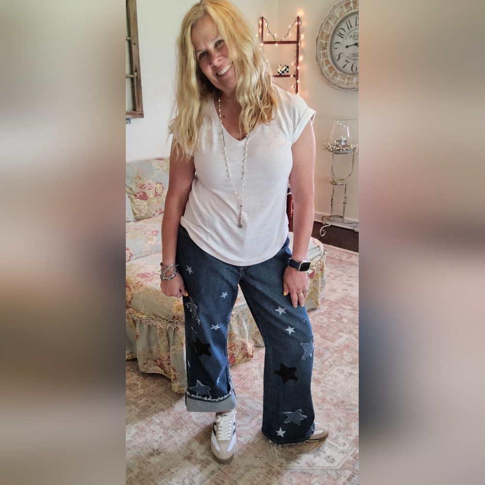 Boho Jeans Blue Star Pattern Lagenlook Magnolia Pearl Inspired